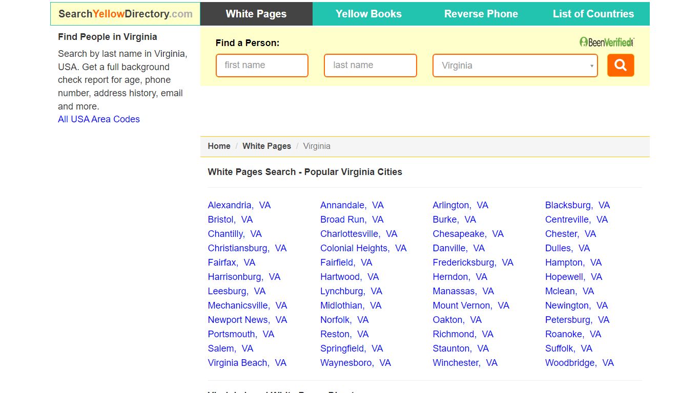 Virginia White Pages Directory, Popular Cities